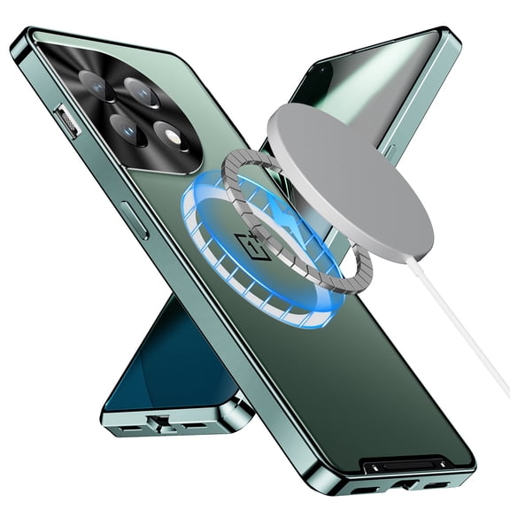 LHNUNP Magnetic Phone Case for One Plus 13, Matte Back with Aluminum Alloy Frame, Graphene Cooling Technology, Shockproof Slim Protective Cover, Green