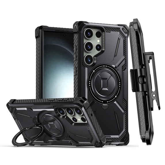 LHNUNP Magnetic Samsung Galaxy S24 Ultra Case with Ring Holder & Belt Clip, MagSafe Compatible, Military Drop Protection Slim Anti-Scratch Case, Black