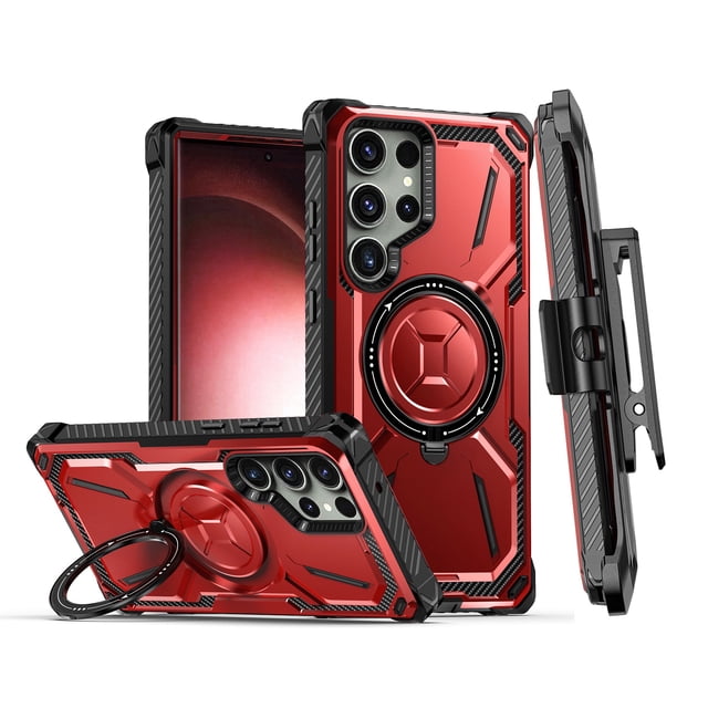 LHNUNP Magnetic Samsung Galaxy S24 Ultra Case with Ring Holder & Belt Clip, MagSafe Compatible, Military Drop Protection Slim Anti-Scratch Case, Red