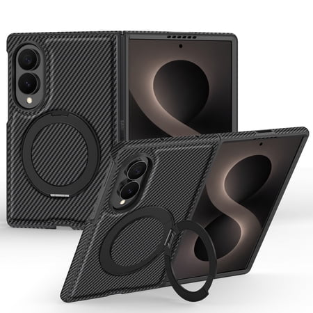 LHNUNP Magnetic for Samsung Galaxy Z Fold 8 Carbon Fiber Case with Stand, Compatible with MagSafe 360° Rotation Kickstand Slim Anti-Scratch Shockproof Case, Black