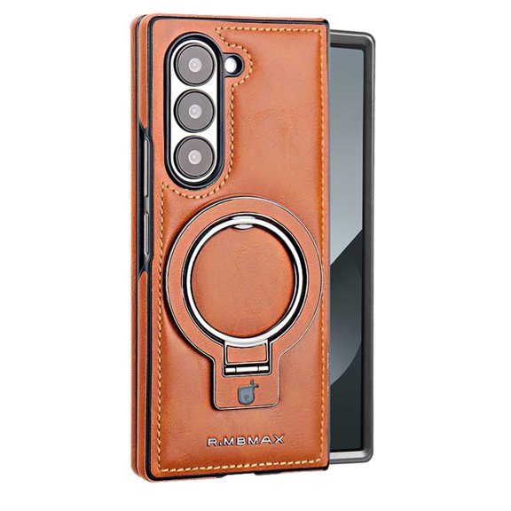 LHNUNP for Samsung Galaxy Z Fold 5 Leather Case with Kickstand, Compatible with MagSafe Luxury PU Leather Skin Friendly Shockproof Case, Orange