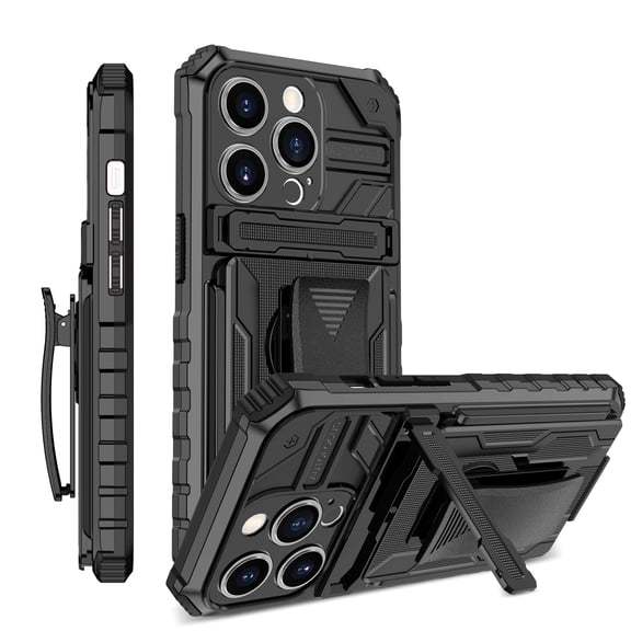 LHNUNP for iPhone 11 Pro Case with Camera Cover, Built-in Kickstand & Belt Clip Holster Rugged Anti-Drop Shockproof Bumper Cover, Black