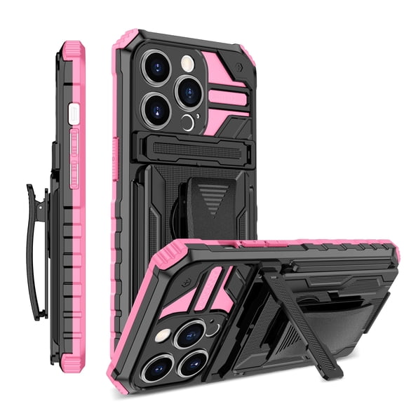 LHNUNP for iPhone 13 Case with Camera Cover, Built-in Kickstand & Belt Clip Holster Rugged Anti-Drop Shockproof Bumper Cover, Pink