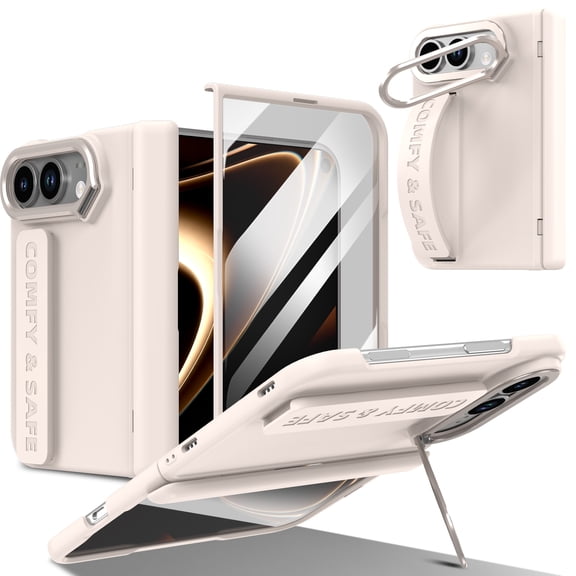 LHNUNP for iPhone Duo Case with Wrist Strap, Metal Kickstand, Hinge Protection, Built-in Screen Protector, Slim Rugged Grey Cover, Apricot