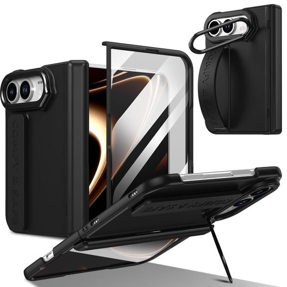 LHNUNP for iPhone Duo Case with Wrist Strap, Metal Kickstand, Hinge Protection, Built-in Screen Protector, Slim Rugged Grey Cover, Black