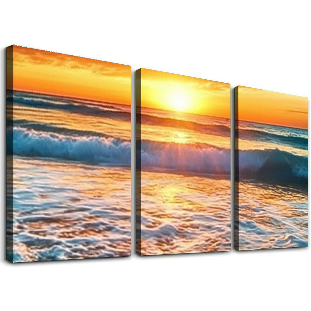 Sunset Beach Ocean Waves Canvas Wall Art Set