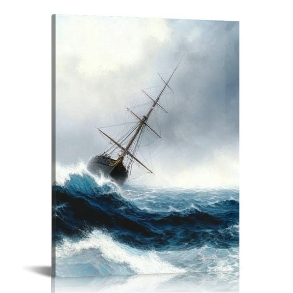 LHONGY Aivazovsky Canvas Art Print - Ship in the Stormy Sea Painting - Ocean Wall Art - Vintage Poster Sailing Ship Picture Cool Wall 12x16 in