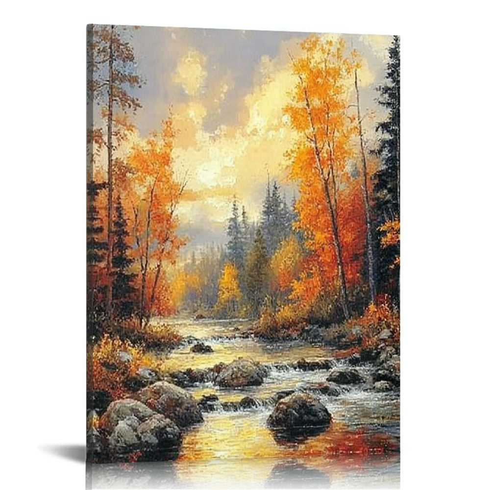 LHONGY Autumn Forest Wall Art Vintage Fall Mountain Birch Trees River ...
