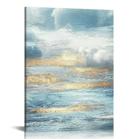 LHONGY Bathroom Wall Art Abstract Canvas Art Print Modern Blue Ocean Picture Small Coastal Sunset & Sunrise Artwork for Sea Lake Themed Home 16x20 in