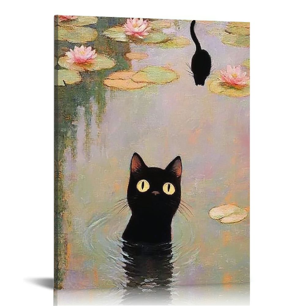 LHONGY Black Cat Wall Art Monet Water Poster Vintage Funny Floral Cat ...