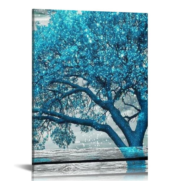 LHONGY - Canvas Prints Wall Art Teal Tree on Vintage Style Wall Decor Modern Landscape Pictures for Living Room Bedroom Office Decor Stretched 16x20 in