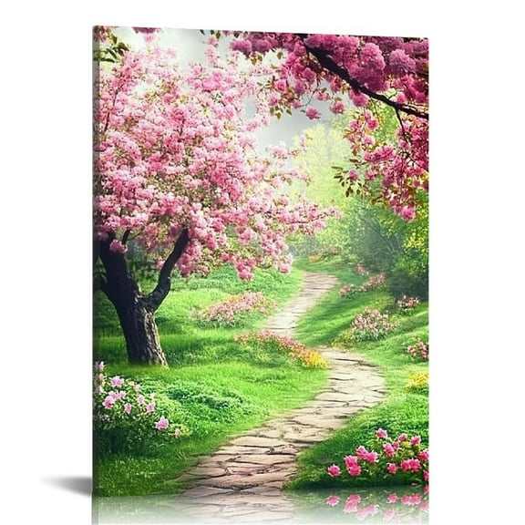 LHONGY Canvas Wall Art Painting Pink Cherry Blossoms Park Tree Forest Spring landscape Picture Poster Print and Stretched Ready to 16x20 in