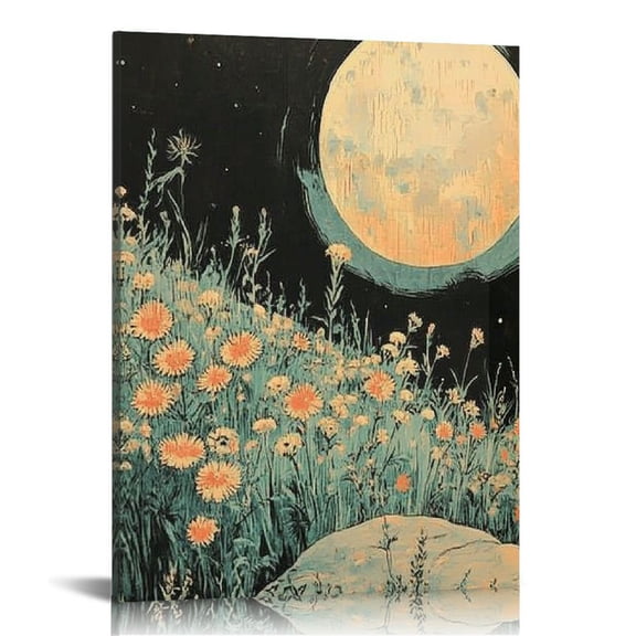 LHONGY Canvas Wall Art，Vintage Poster，Dark Aesthetic Moon Stars and Flowers Decor, Prints Goth Room Picture Witchy Gothic Wall Decor 12x16 in