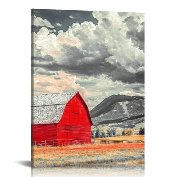 LHONGY Canvas Wall Art for Bedroom Bathroom Black and White Country Rustic Farm Canvas Prints Decor Red Barn Field Art Farm Picture 16x20 in