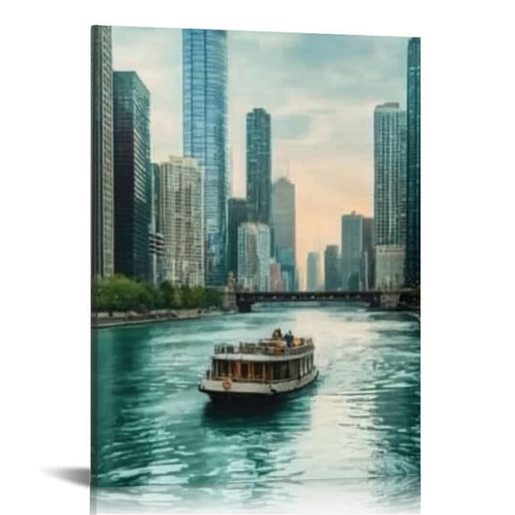 LHONGY - Chicago Urban River Wall Art - Horizontal Canvas Living Room Wall Decor - Photography Places Multi Piece Wall Art 16x20 in