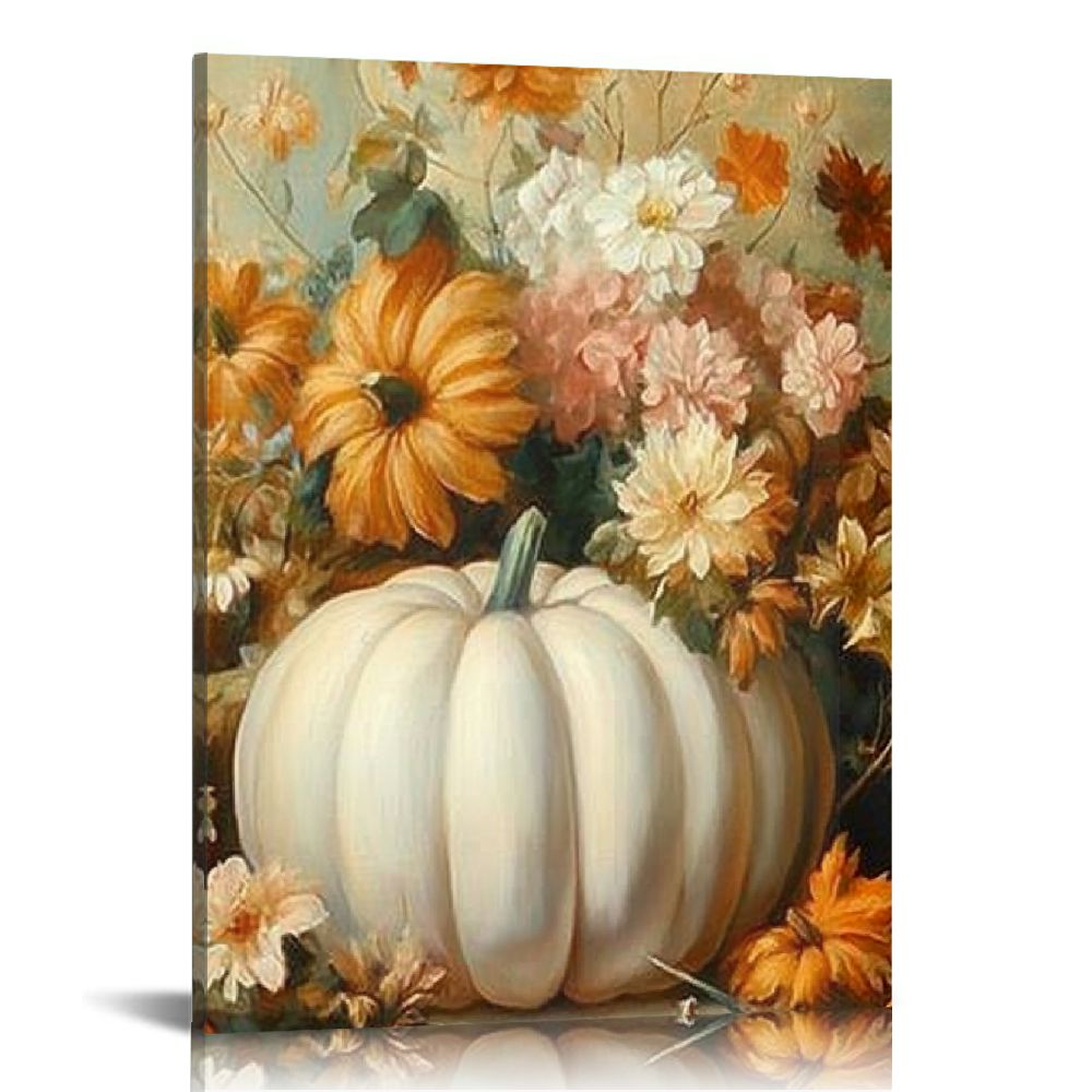 LHONGY Fall Pumpkin Canvas Wall Art White Pumpkin Still Life Painting ...