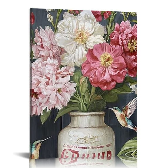LHONGY Farmhouse Canvas Wall Art Rusitc Pink Rose Wall Decor Flower Mason Jar Hummingbird Pictures Painting Prints 12x16 in