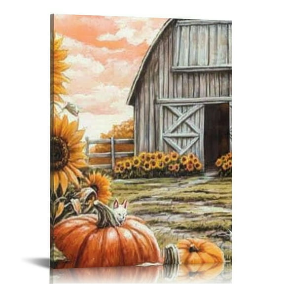 LHONGY Farmhouse Fall Wall Art and Pumpkin Canvas Prints Autumn Country Landscape Pictures Thanksgiving Painting Prints 12x16 in