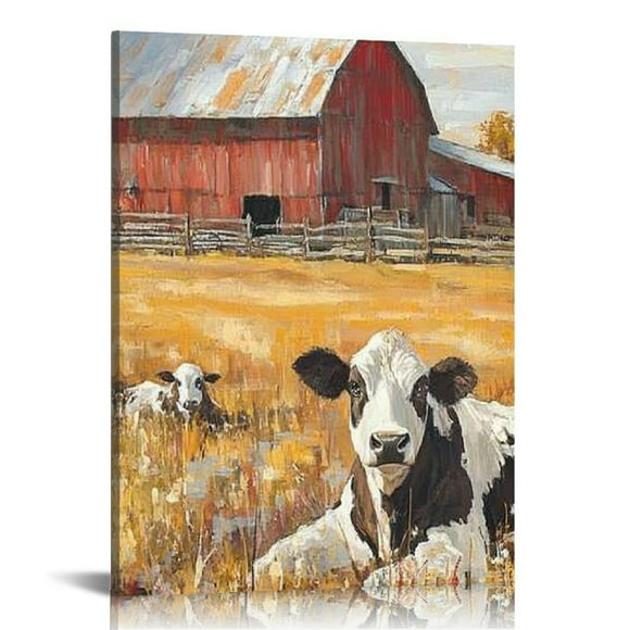 LHONGY Farmhouse Wall Art Decor: Rustic Barn Farm Scene Picture Rural Country Animal Artwork Horizontal Countryside Landscape Cow Cattle Print Painting 12x16 in