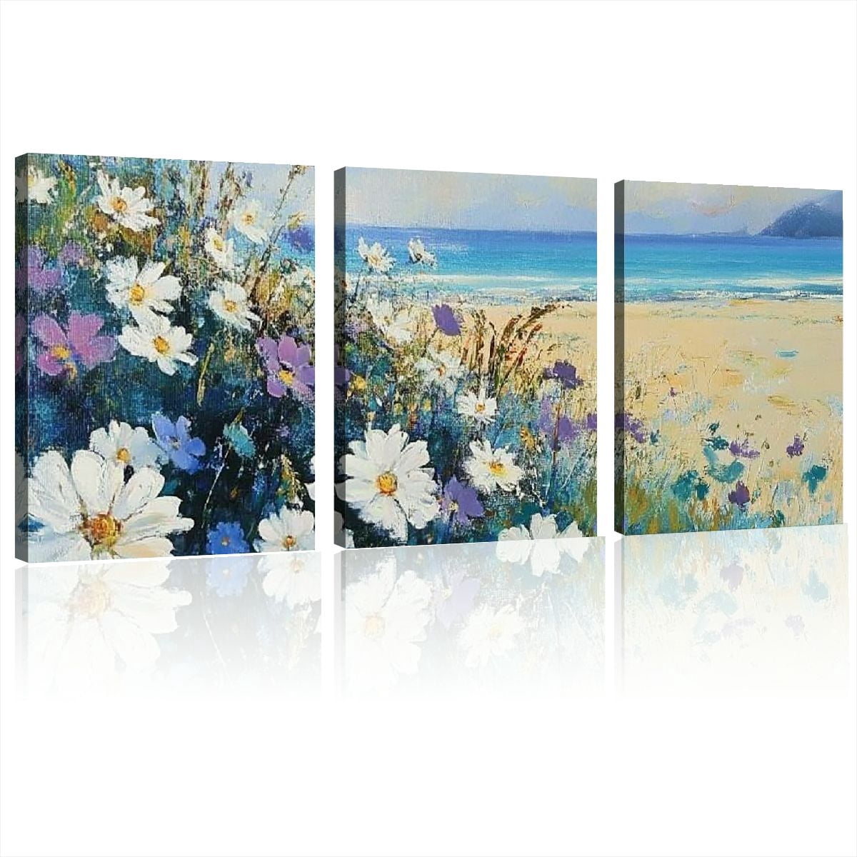 LHONGY Flowers Wall Art Canvas White Daisy Floral Painting Blue Coastal ...