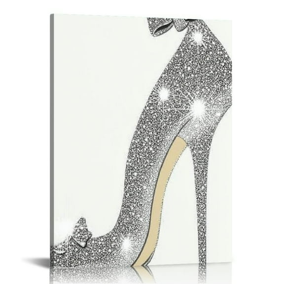 LHONGY Glam Gray Fashion Wall Decor,Woman Makeup Art,Silver Girly Room Decor,Perfume Handbags High Heels Lipstick Paintings 16x20 in