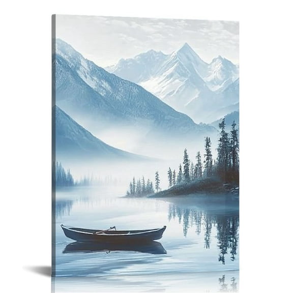 LHONGY Indigo Canvas Wall Art Misty Mountain Wall Pictures Foggy Lake Boat Canvas Painting Blue Forest Birds Canvas Wall Decor 16x20 in