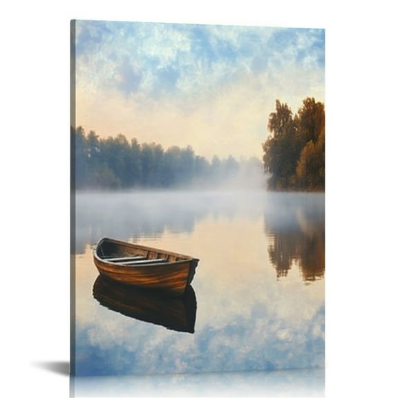 LHONGY  Lake Canvas Wall Art Decor: Nature Landscape Picture Boat Scenery Painting Print Relaxing Forest Water Artwork 12x16 in