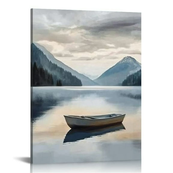 LHONGY  Lake Nature Landscape Wall Art: Large Mountain Scenery Canvas Artwork Window View Boat Print Painting Decor Calming 12x16 in