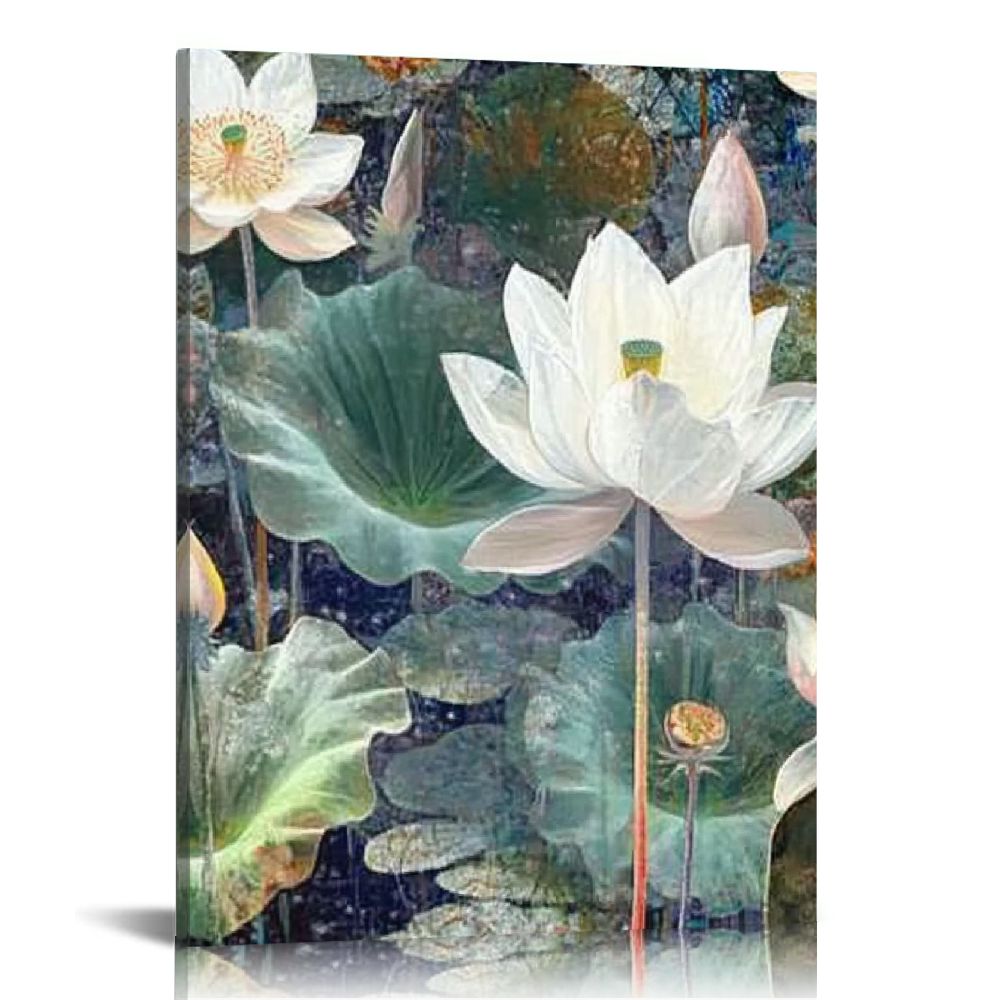 LHONGY Lotus Flower Wall Art for Living Room, White Floral Canvas Wall ...