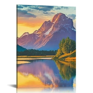 LHONGY Nature Canvas Wall Art Sunset Sunrise Mountain Pictures Grand Teton National Park Scene Canvas Print River Forest 16x20 in