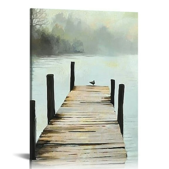 LHONGY Nature Landscape Large Wall Art Canvas Picture,Horizontal Dock Forest Artwork Decor,Modern Hand Painted Textured Lake Scenery Artwork 16x20 in