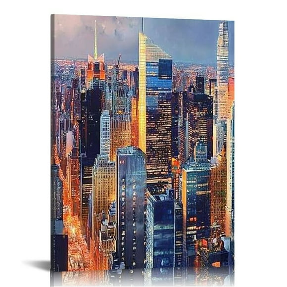 LHONGY New York City Canvas Wall Art for Living Room Manhattan Skyline at Night Picture Prints New York Poster NYC Cityscape Wall Decor Window 16x20 in