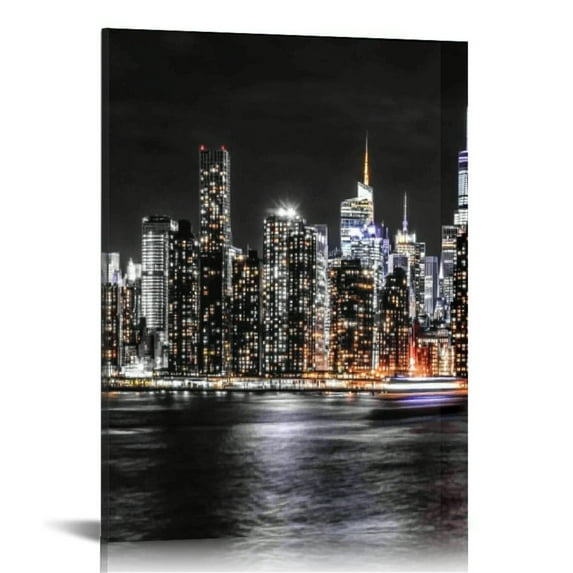 LHONGY New York City Manhattan Skyline PHOTO PRINT NIGHT Black & White Panorama Print Photo Picture 16x20 in
