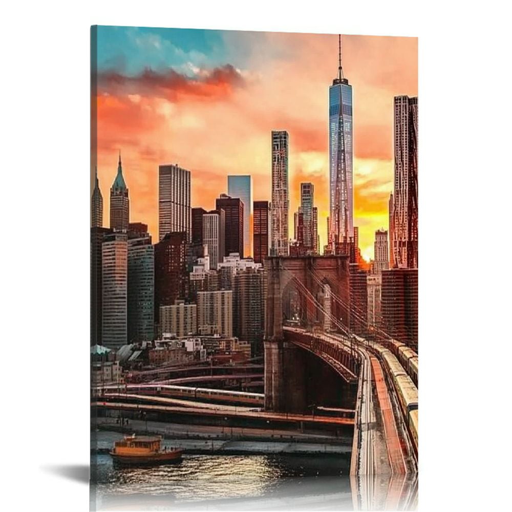 LHONGY New York City Wall Art Bedroom Brooklyn Bridge Cityscape Skyline ...