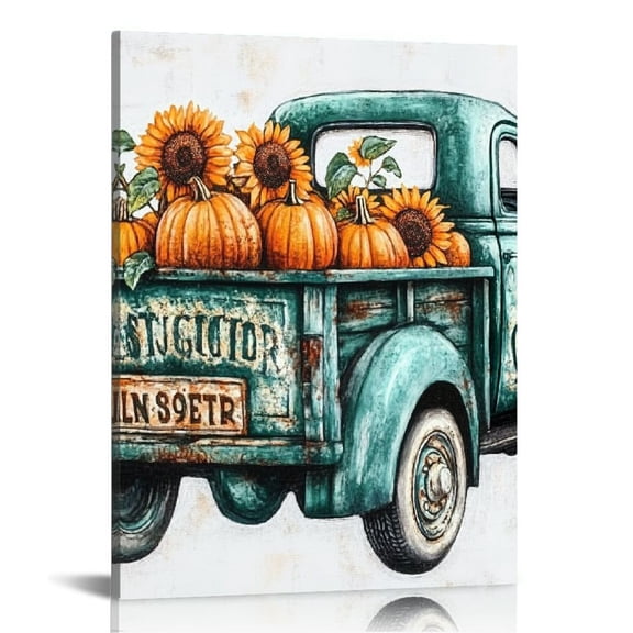 LHONGY Personalized Farm Fresh Pumpkins Sign Canvas Wall Art with Family Name Vintage Fall Farmhouse Truck and Sunflowers Painting 16x20 in