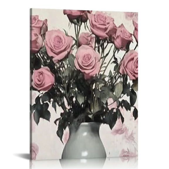 LHONGY Pink Rose Wall Art Bloom Pink Flower Canvas Prints Rustic Black and White Pink Floral Painting for Girls Room Wall 16x20 in