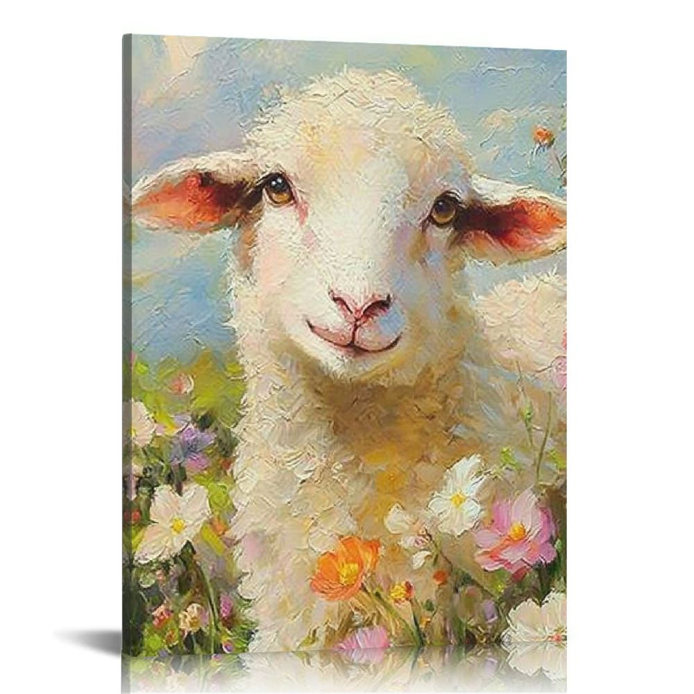LHONGY Sheep Canvas Wall Art Lamb and Flower Picture Rustic Cute Farm ...