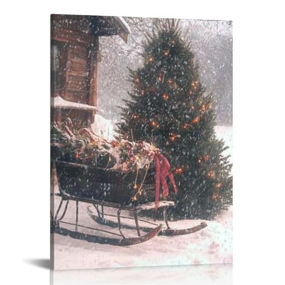 LHONGY  Snow Sleigh with Tree and Wreath Photograph Canvas Wall Art 12x16 in