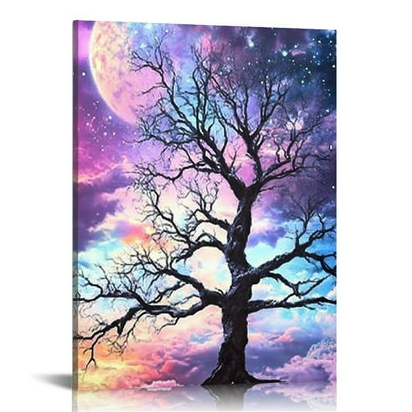 LHONGY Space Canvas Wall Art Galaxy Universe Starry with Winter Tree Painting Prints Purple Pictures 12x16 in