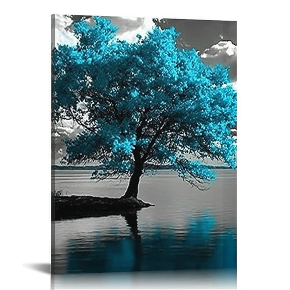 LHONGY Tree Canvas Wall Art Black and White Teal Tree with Full Moon Painting Pictures Prints Artwork for Living Room Bedroom Wall Decor 16x20 in