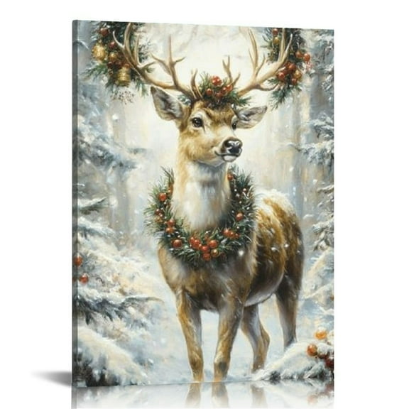 LHONGY Vintage Reindeer Wall Art Winter Canvas Print Home Decor Deer Picture Painting Christmas Decorations 12x16 in
