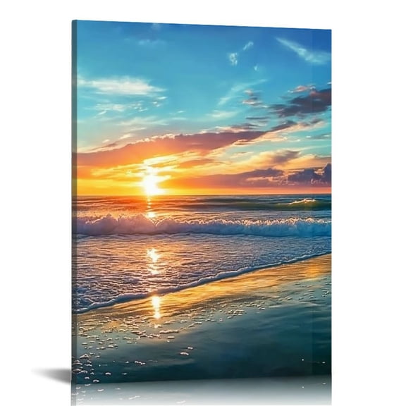 LHONGY Wall Art Canvas Print Orange Sunset Ocean Sea Water Beach Waves Picture Painting and Stretched Ready to Hang for Living Room Bedroom 12x16 in