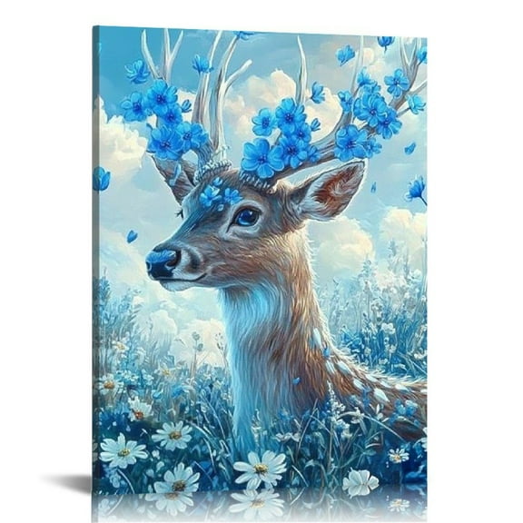 LHONGY  Wall Art Living Room, Winter Landscape Flower Wall Painting with Reindeer in Forest Large IN Wildlife Deer Christmas Wall Decor for Bedroom 12x16 in