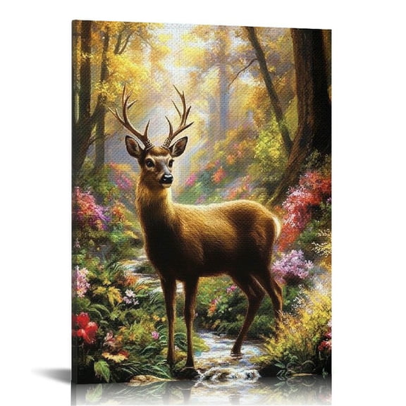 LHONGY Wall Art, Mountains, Flower, Vintage Wall Decor, Deer art print, floral flowers canvas artwork, Deer In Wild Field Wall Art, Animal Wall Art, Beautiful 16x20 in