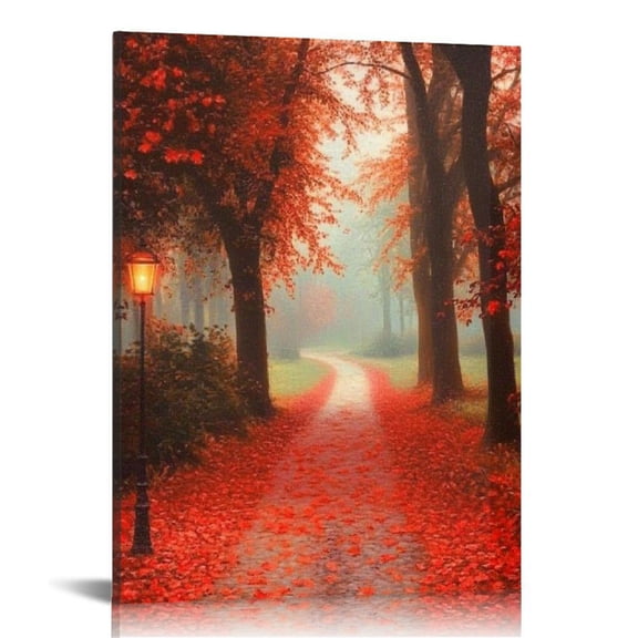 LHONGY Wall Art Red Maple Forest Autumn Maple Leaves and Road Landscape Canvas Pictures Wall Decorations for Living Room Bedroom 16x20 in