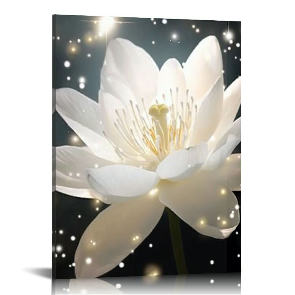 LHONGY Zen Canvas Wall Art Glowing White Lotus Painting Prints Black ...