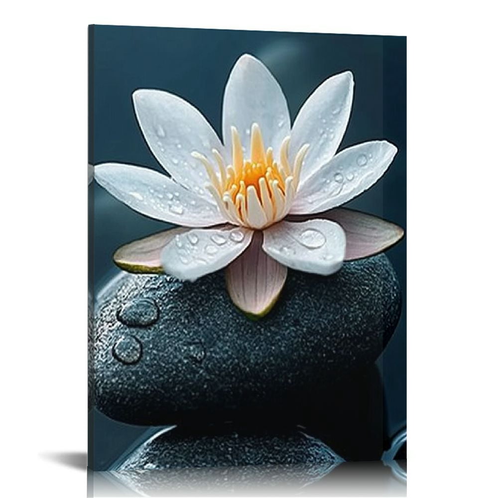 LHONGY Zen Canvas Wall Art White Lotus and Stones Wall Decor Pictures ...