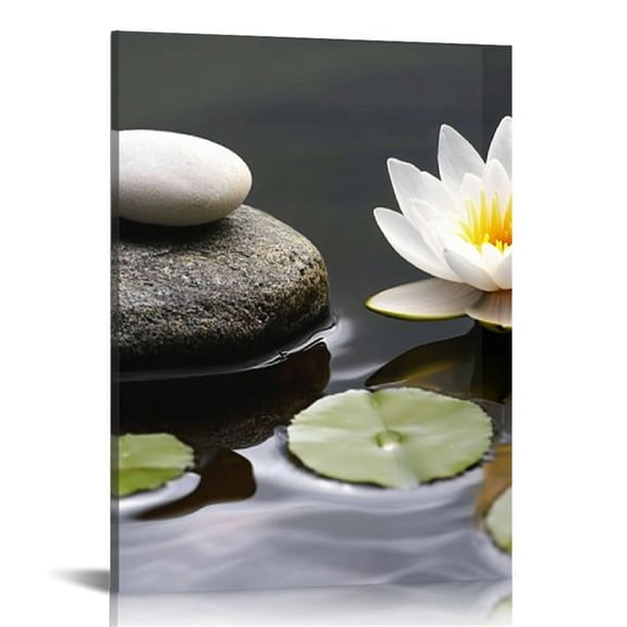 LHONGY Zen Pictures White Lotus Wall Art Water Lily Stone Water Canvas Prints SPA Artwork Still Life Meditation Yoga Wall Decor for Bathroom 16x20 in