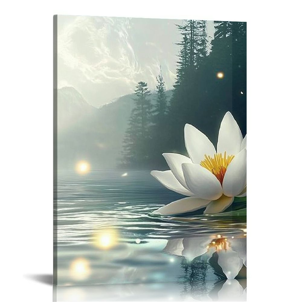 LHONGY Zen Wall Art, White Lotus Flower Canvas Art Print for Spa ...