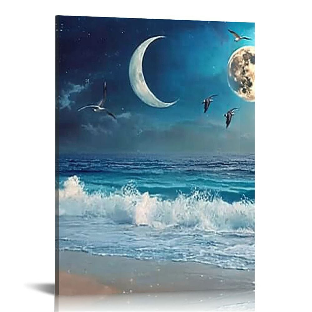 LHONGY large Moon Ocean Wall Art Seascape Painting Sea Pictures Canvas ...